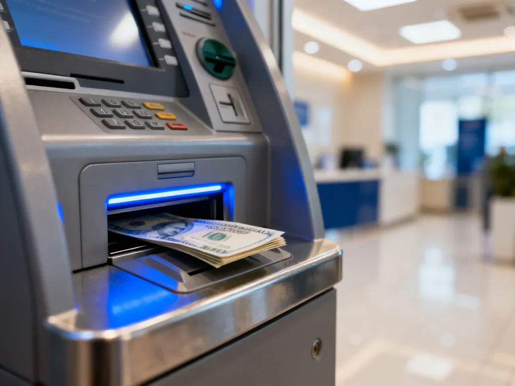 Nowoczesny wpłatomat PKO z podświetlanym otworem na banknoty w profesjonalnym wnętrzu banku.