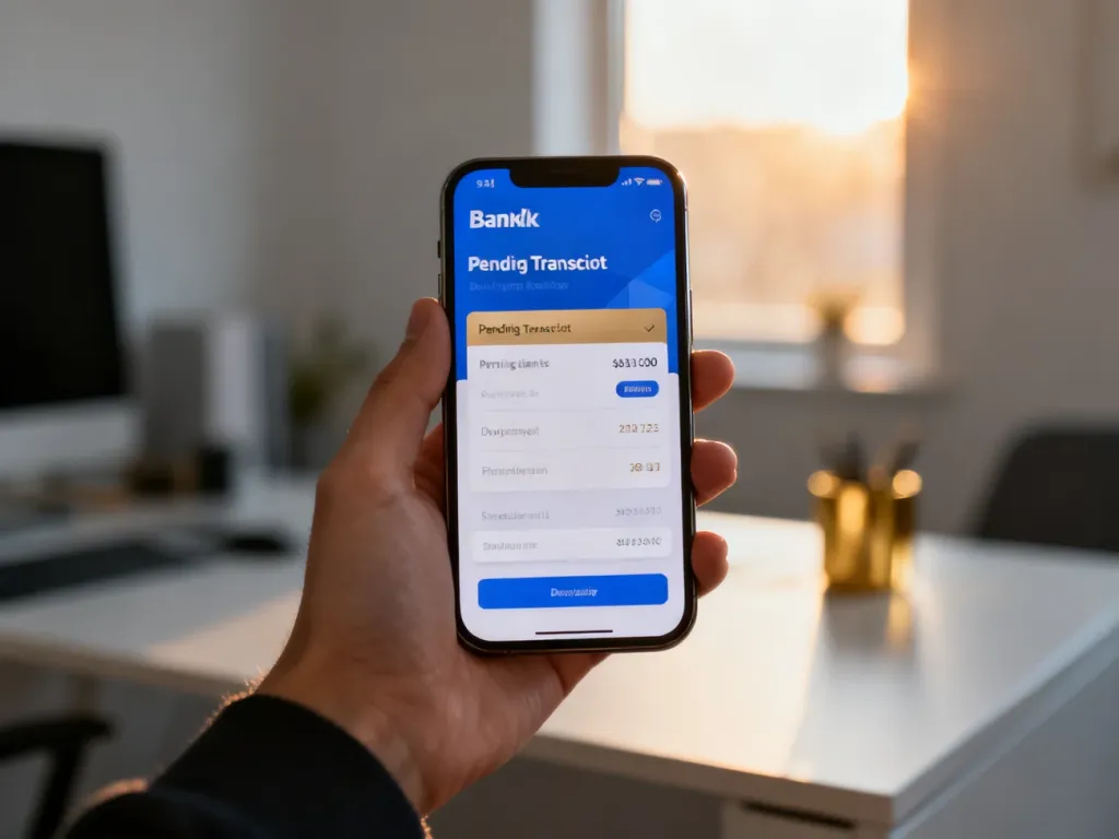 Dłoń trzymająca smartfon z widocznym statusem oczekującego przelewu w aplikacji bankowej na tle domowego biura.