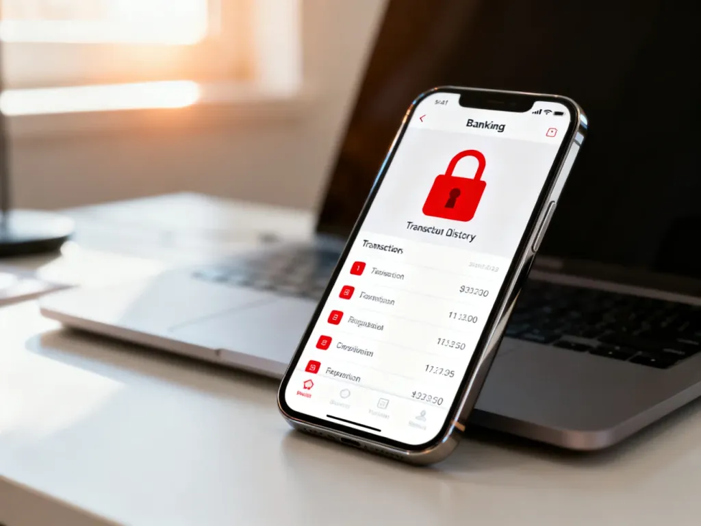 Smartfon z czerwoną ikoną kłódki na ekranie aplikacji bankowej, symbolizujący blokadę przelewu w bezpiecznym otoczeniu.