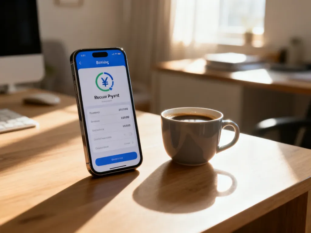 Smartfon z otwartą aplikacją bankową na biurku, symbolizujący wygodne zarządzanie przelewami cyklicznymi.