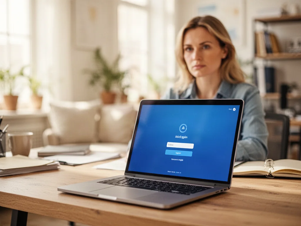 Kobieta pracująca przy laptopie z widocznym interfejsem logowania w nowoczesnym, przytulnym biurze.