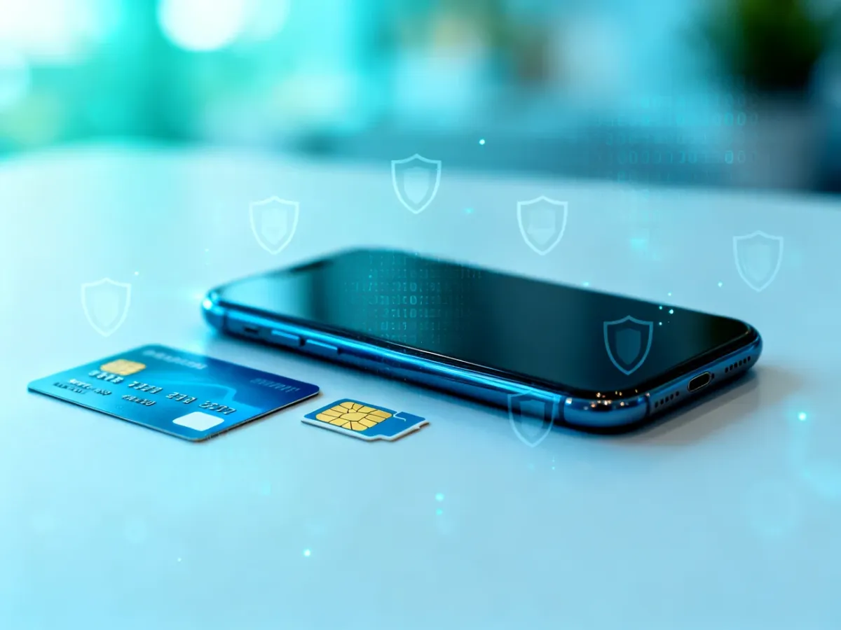 Smartfon, karta bankowa i karta SIM symbolizujące różne zastosowania kodu PIN