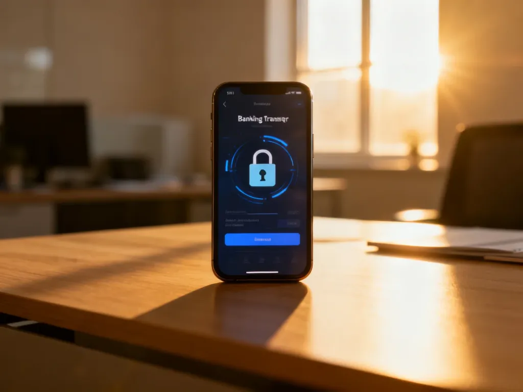 Nowoczesny smartfon z otwartą aplikacją bankową na drewnianym biurku, symbolizujący szybki i bezpieczny przelew pieniędzy.