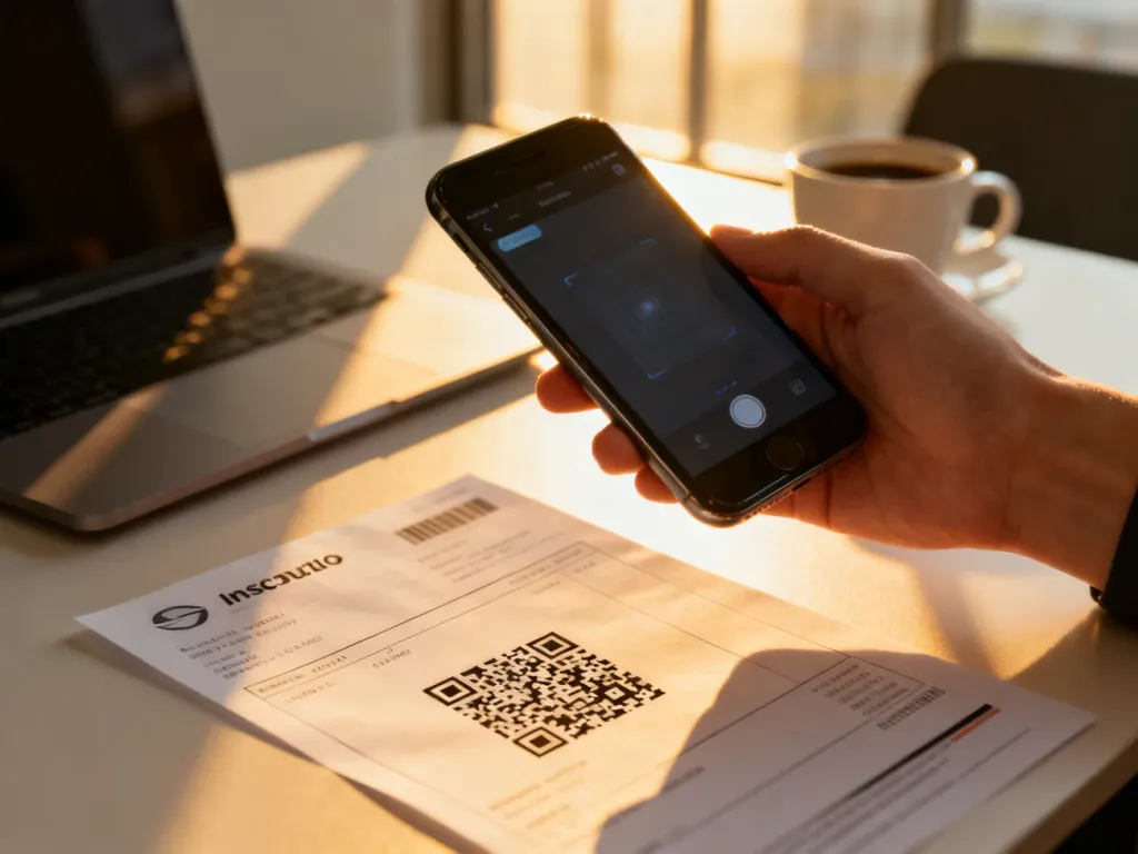 Dłoń trzymająca smartfon nad fakturą z kodem QR, prezentująca proces skanowania dokumentu w biurowym otoczeniu.