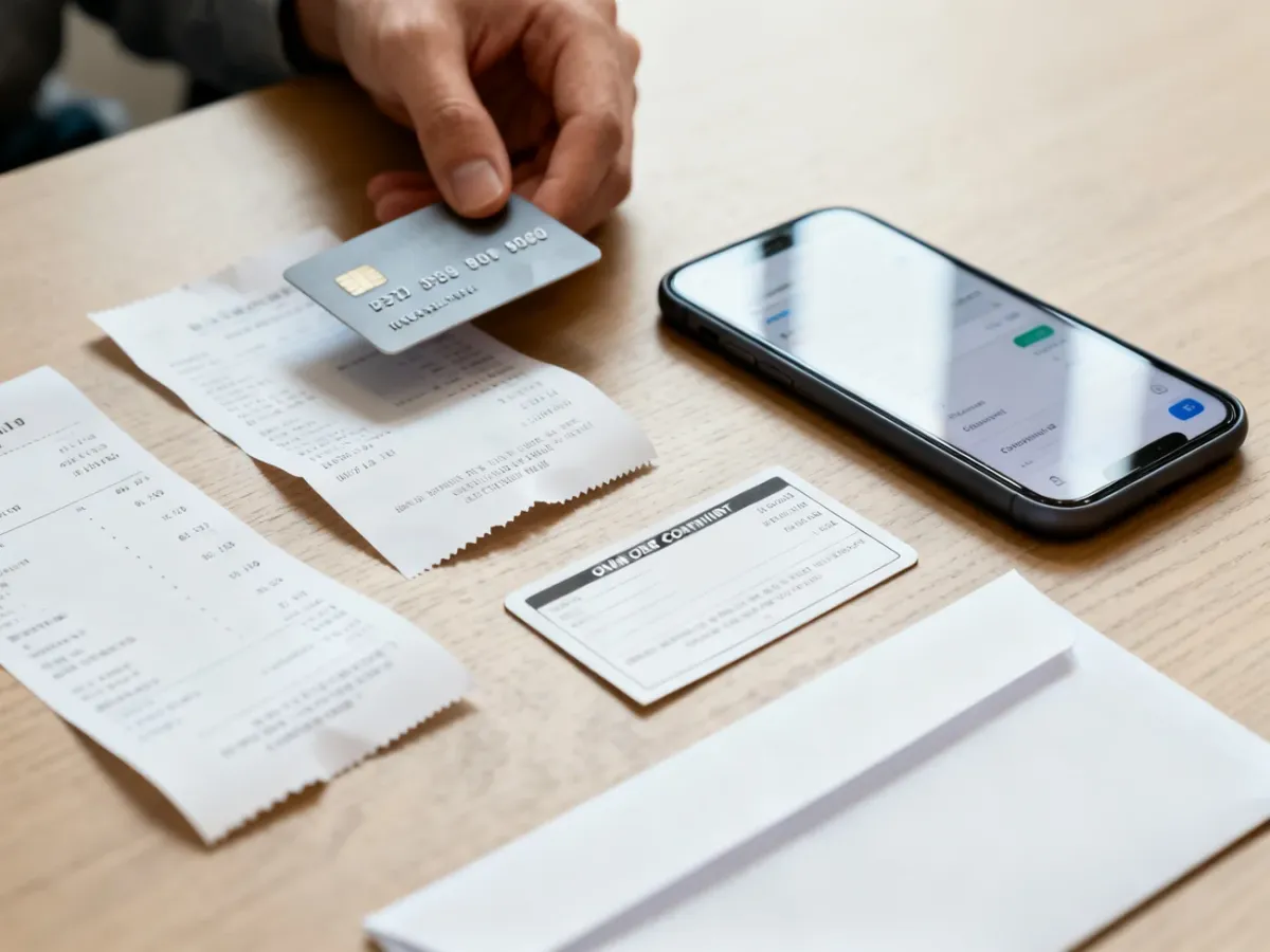 Dokumenty i karta płatnicza przygotowane do reklamacji chargeback