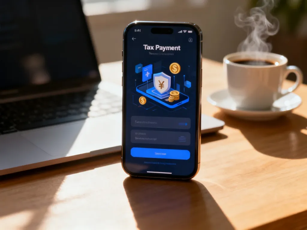 Smartfon z otwartym interfejsem płatności podatkowych na tle biurka, symbolizujący wygodne zarządzanie finansami online.