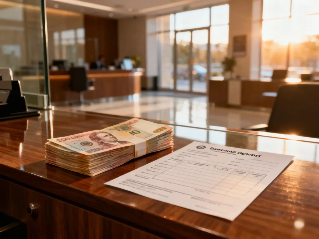 Stos banknotów i formularz wpłaty na biurku bankowym w profesjonalnym wnętrzu instytucji finansowej.