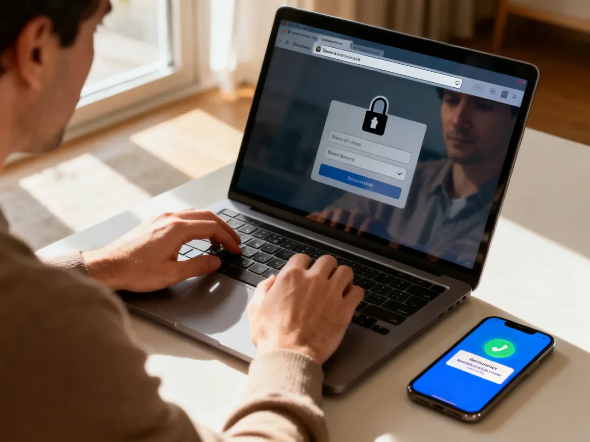 Osoba bezpiecznie logująca się do bankowości internetowej na prywatnym laptopie