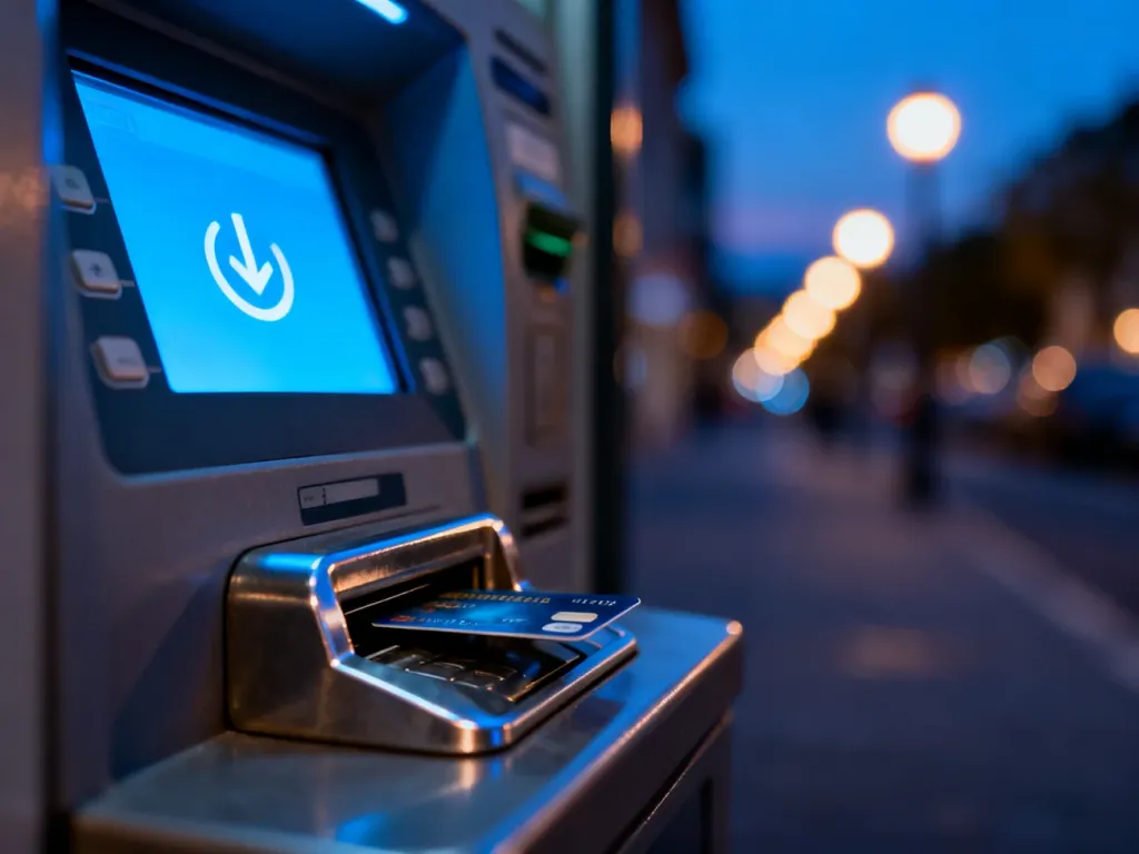 Nowoczesny bankomat z podświetlanym ekranem potwierdzającym udaną transakcję na tle wieczornego miasta.