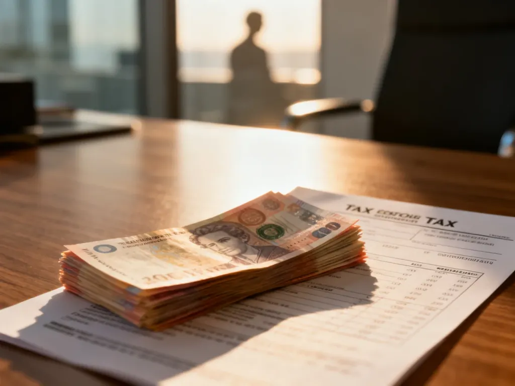 Stos dokumentów podatkowych oraz plik banknotów na biurku, symbolizujące kwestie rozliczeń finansowych z fiskusem.