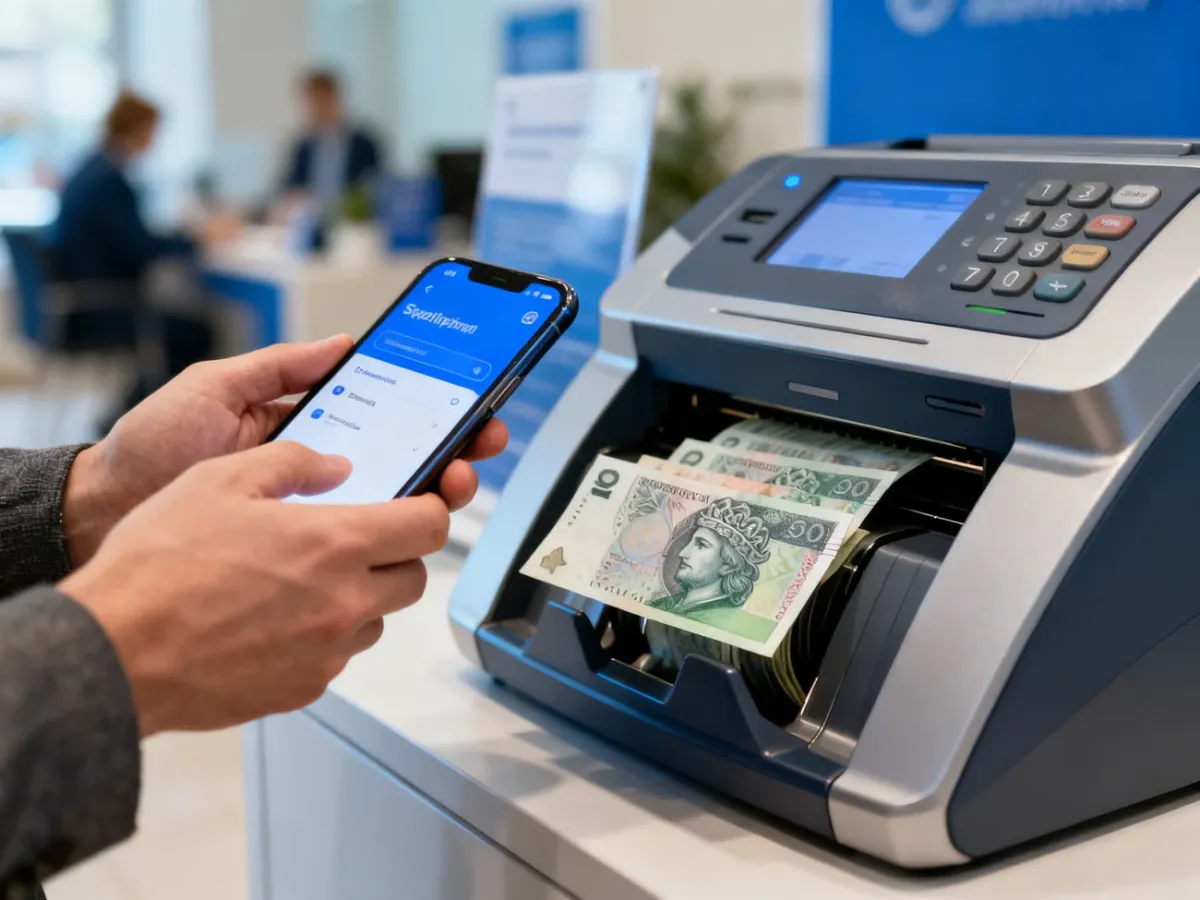 Osoba wpłacająca banknoty do wpłatomatu przy użyciu aplikacji bankowej
