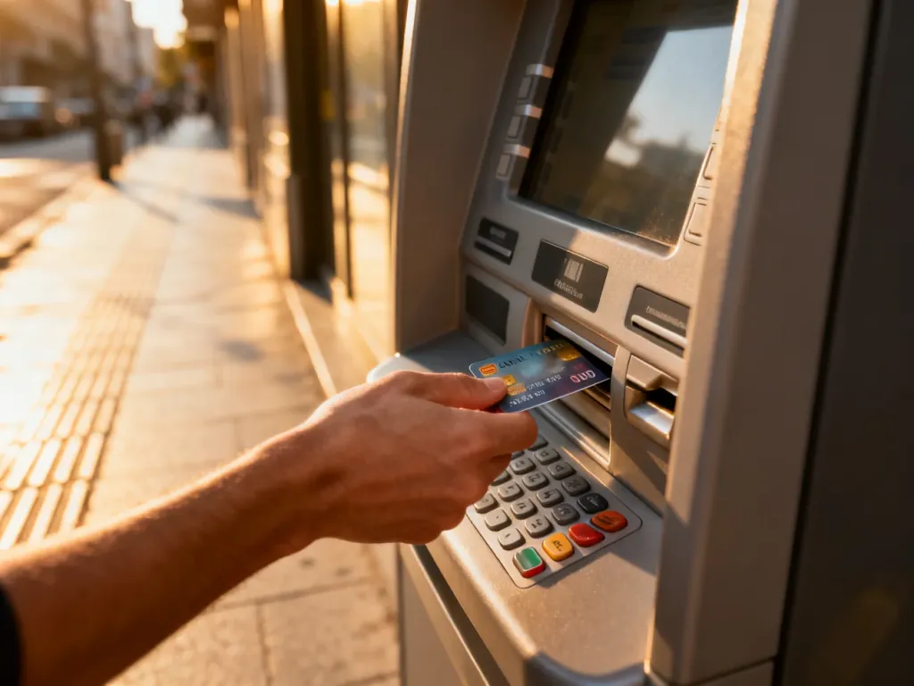 Dłoń wkładająca kartę płatniczą do bankomatu na słonecznej ulicy. Ilustracja procesu wypłaty gotówki.
