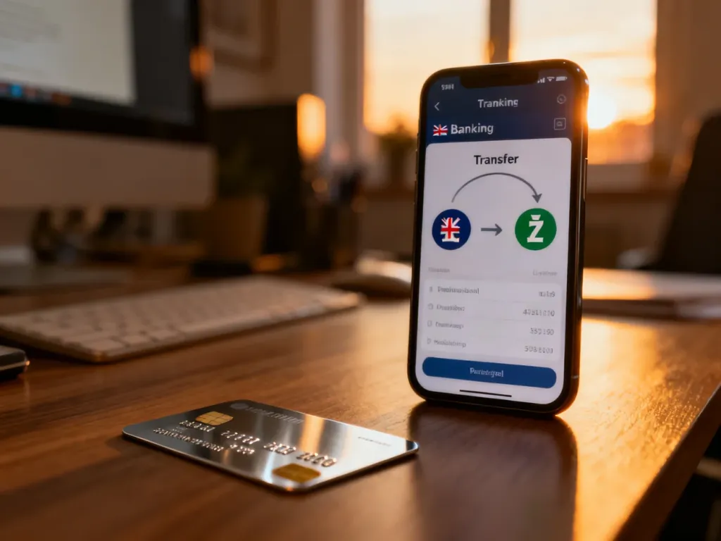 Smartfon z interfejsem bankowości mobilnej pokazujący proces wymiany funtów na złotówki obok karty płatniczej na biurku.