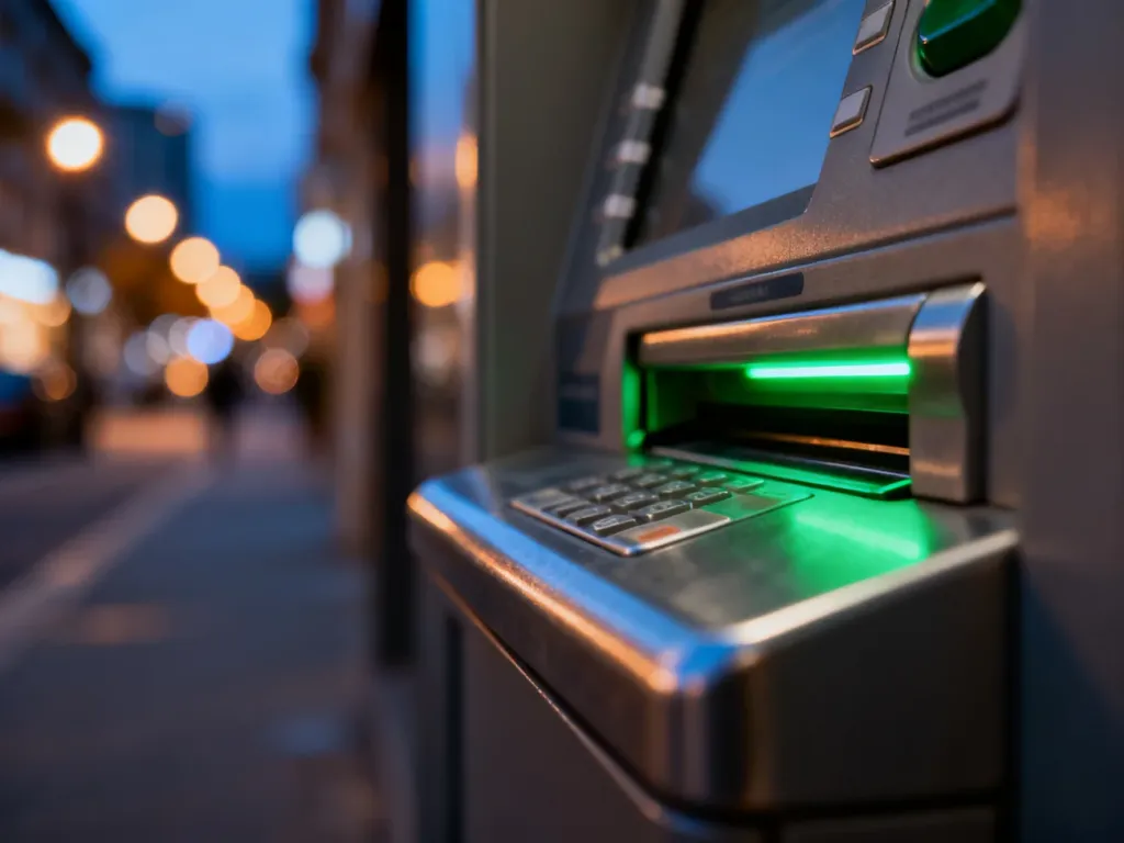 Nowoczesny bankomat Planet Cash z podświetlanym otworem na gotówkę w miejskim otoczeniu o zmierzchu.