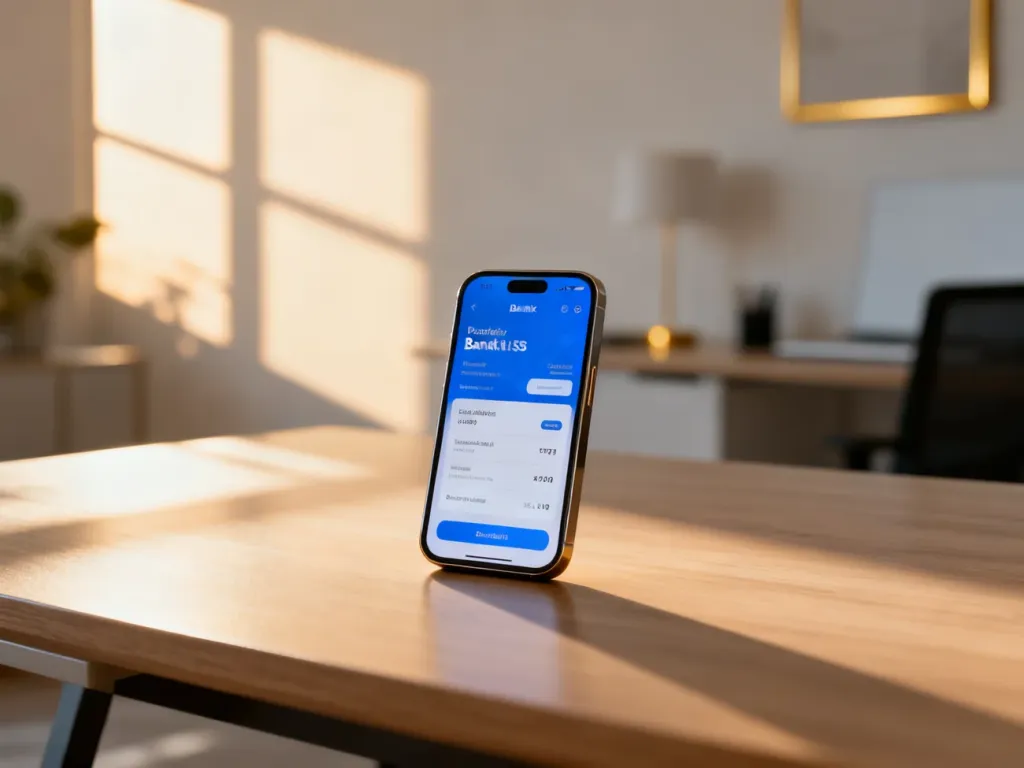 Smartfon z interfejsem bankowości mobilnej na biurku, symbolizujący wygodne zarządzanie płatnościami i poleceniem zapłaty.