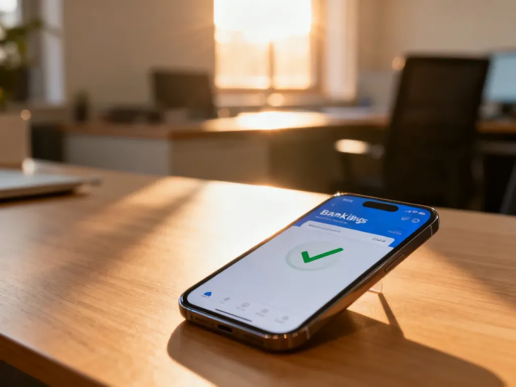 Smartfon z wyświetlonym symbolem potwierdzenia statusu konta bankowego na drewnianym biurku.