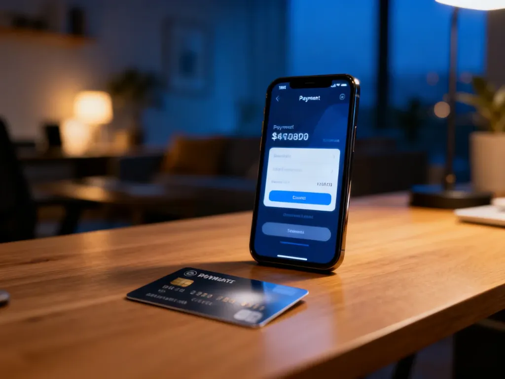 Smartfon z interfejsem płatności i karta płatnicza na drewnianym biurku, symbolizujące nowoczesne metody płatności.