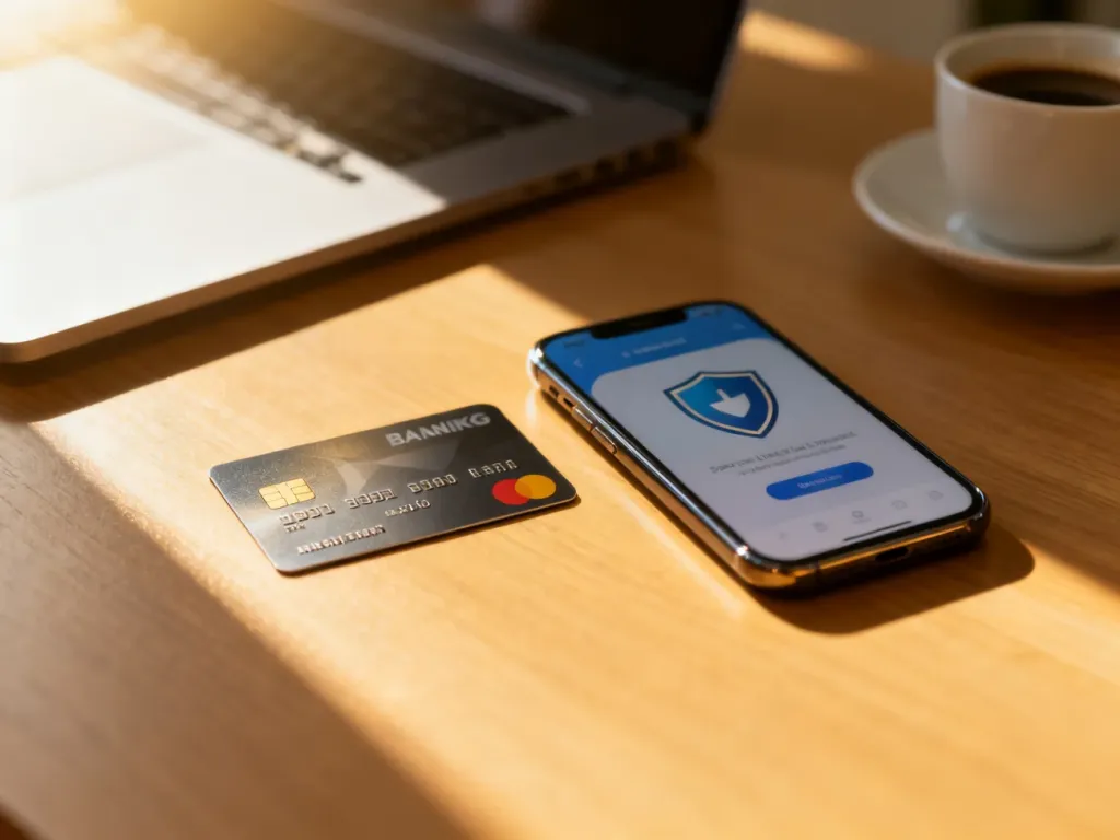 Karta płatnicza i smartfon z aplikacją bankową na biurku, ilustrujące bezpieczne zarządzanie finansami online.