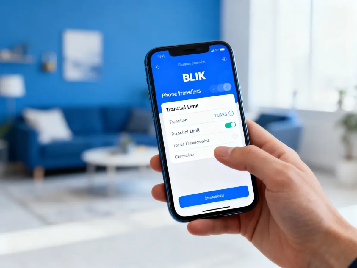 Smartfon z aplikacją bankową i ustawieniami limitu przelewu BLIK