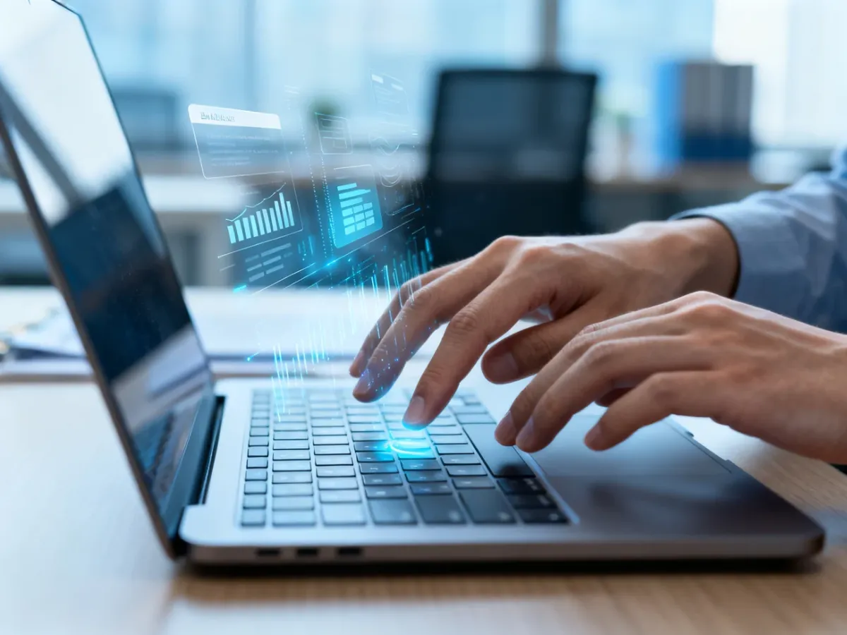 Osoba autoryzująca pilny przelew bankowy na laptopie