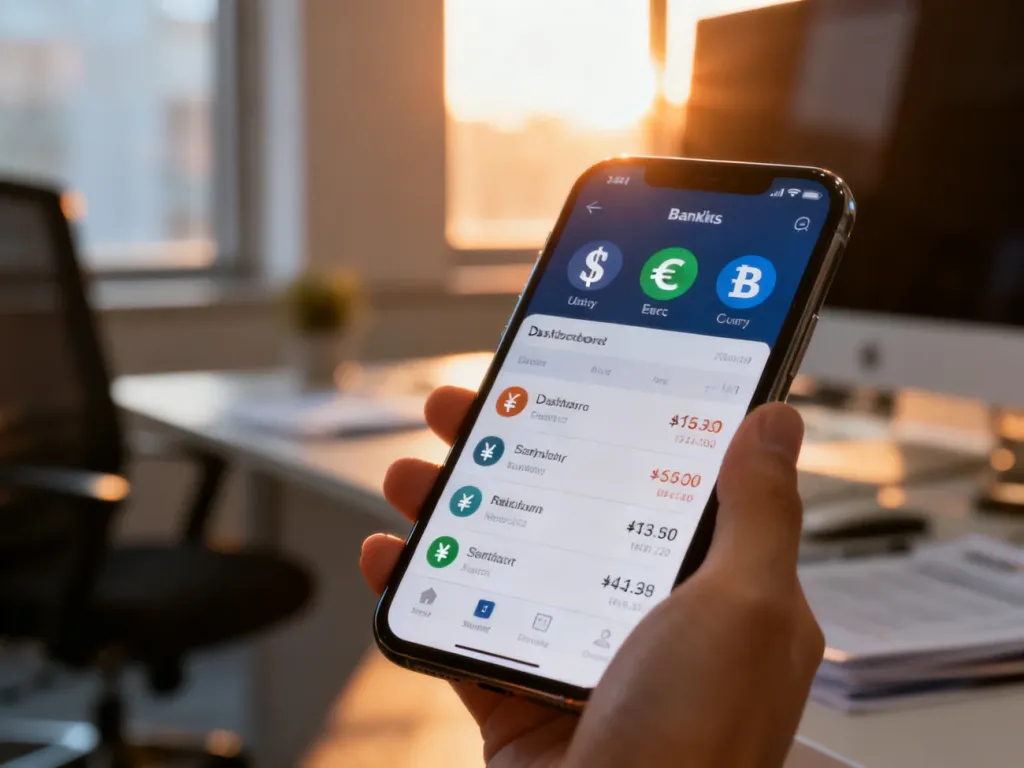 Ekran smartfona z aplikacją bankową prezentującą saldo w różnych walutach, takich jak USD, EUR i GBP.