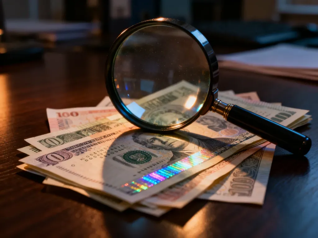 Lupa przybliżająca detale banknotów, ukazująca zabezpieczenia, hologramy i mikrodruk w celu weryfikacji autentyczności pieniędzy.