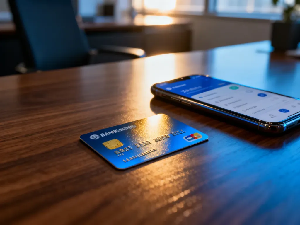 Nowoczesna karta płatnicza i smartfon z aplikacją bankową na drewnianym biurku, symbolizujące wygodne zarządzanie finansami.