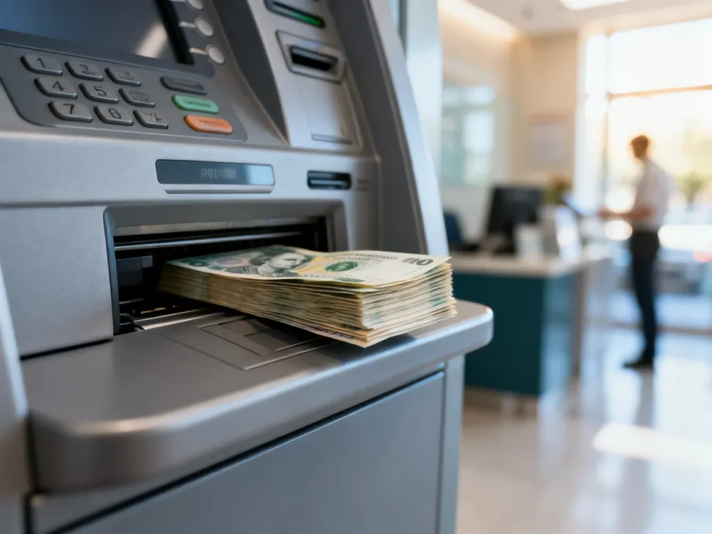 Wpłacanie gotówki do bankomatu za pomocą pliku banknotów wsuwanych do szczeliny urządzenia.