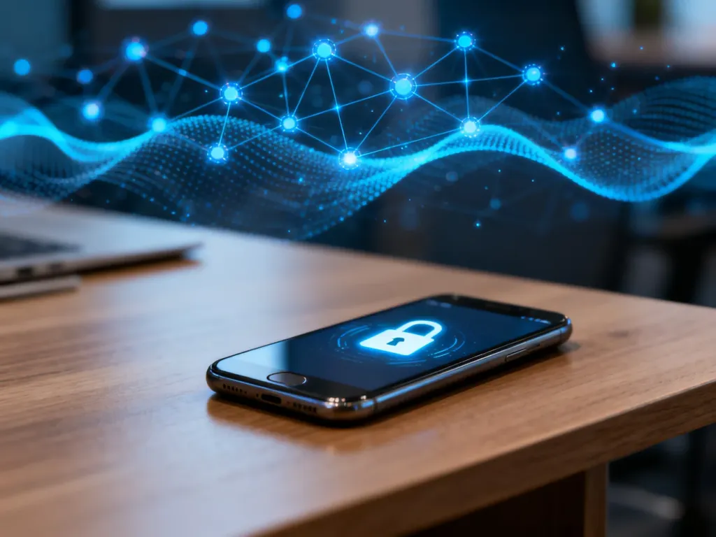 Smartfon z ikoną kłódki na ekranie, symbolizujący bezpieczne połączenie z bankowością mobilną przez sieć WiFi.