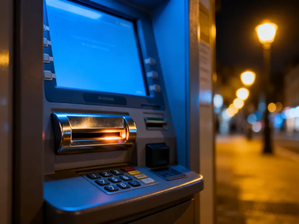 Nowoczesny bankomat nocą z podświetlonym slotem na gotówkę, sygnalizującym błąd w wydawaniu pieniędzy.