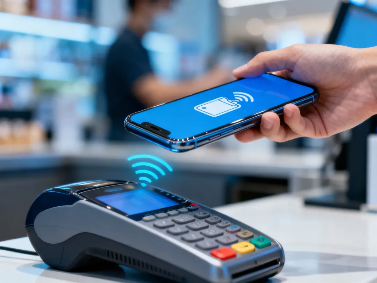 Smartfon z NFC zbliżony do terminala płatniczego