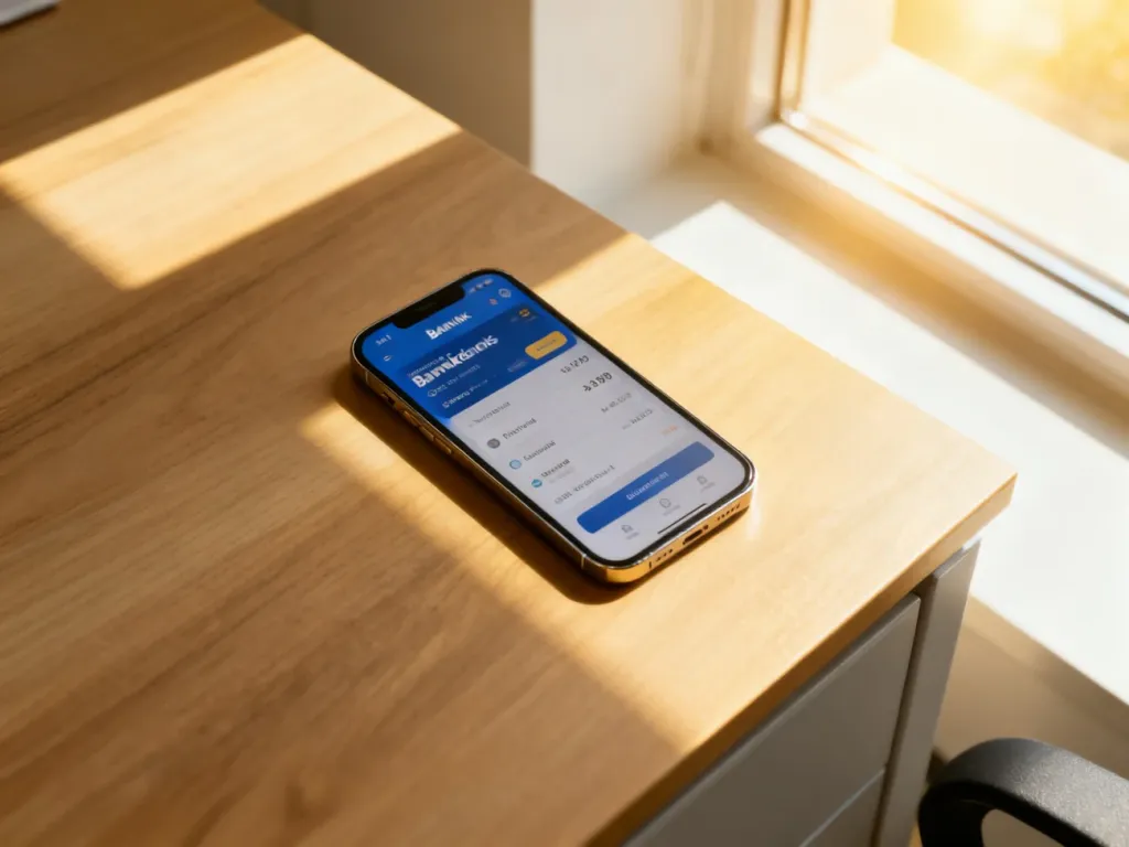 Smartfon z otwartą aplikacją bankową na drewnianym biurku w słonecznym biurze, symbolizujący wygodę bankowości mobilnej.