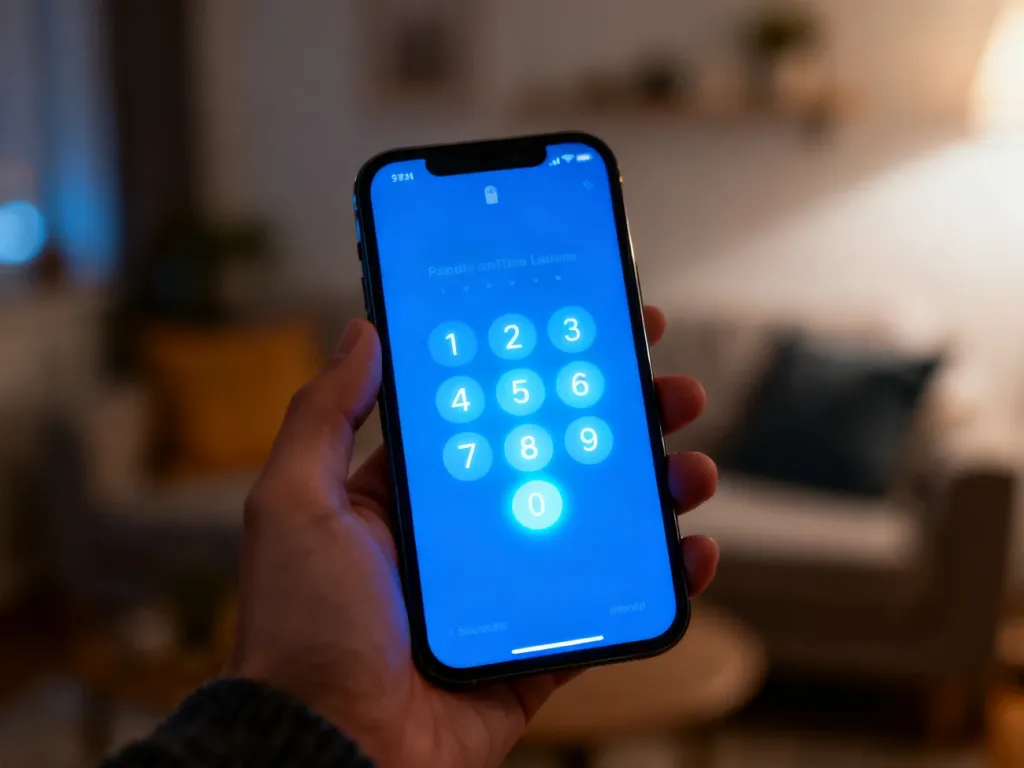 Dłoń trzymająca smartfon z wyświetlonym sześciocyfrowym kodem BLIK na minimalistycznym ekranie aplikacji.