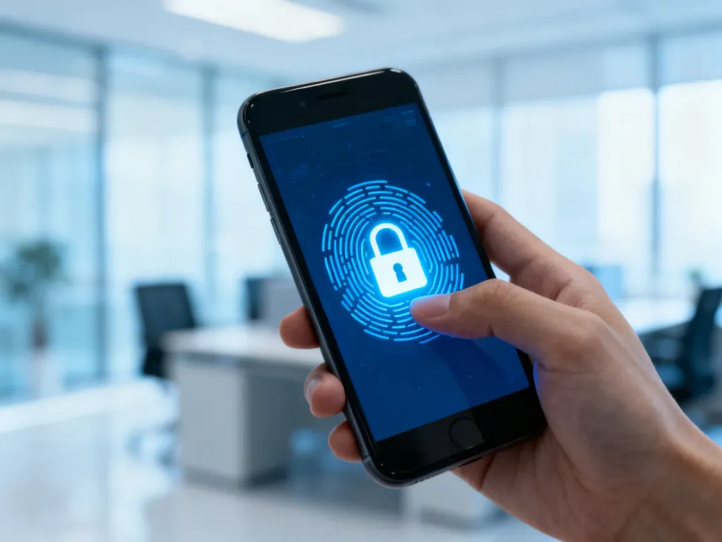 Dłoń trzymająca smartfon z widocznym interfejsem biometrycznym i ikoną kłódki, symbolizującą bezpieczną autoryzację mobilną.