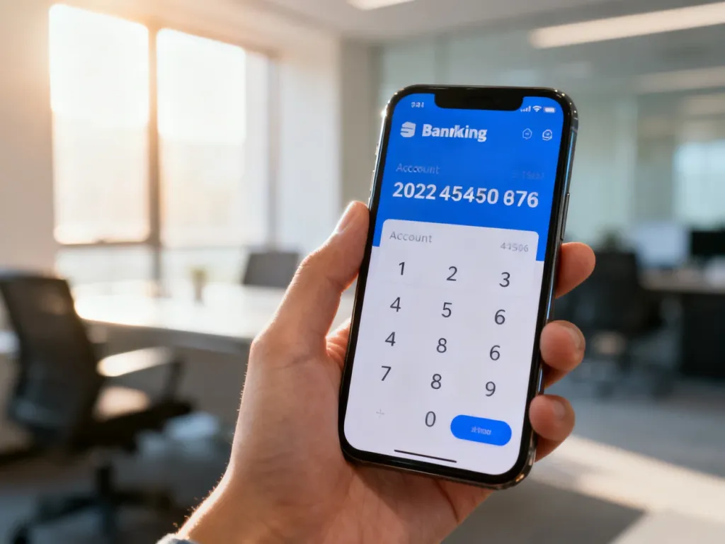 Dłoń trzymająca smartfon z otwartą aplikacją bankową, na której widoczny jest numer rachunku bankowego.