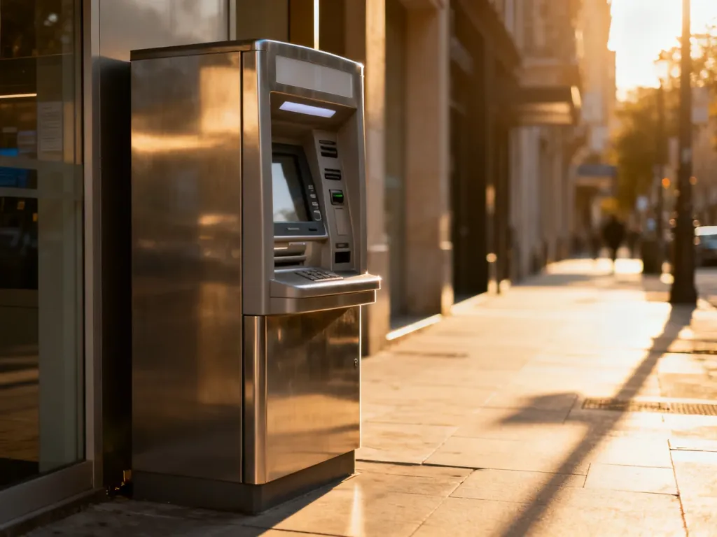 Nowoczesny bankomat stojący na słonecznym chodniku w centrum miasta.