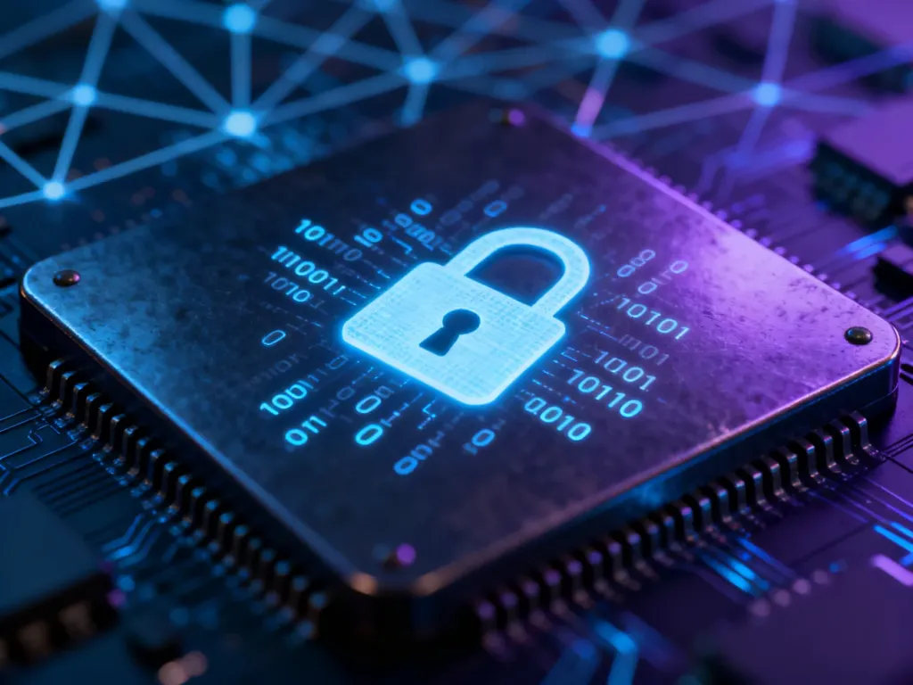 Świecąca cyfrowa kłódka na metalowym tle, symbolizująca ochronę danych i bezpieczeństwo w sieci przed cyberprzestępcami.
