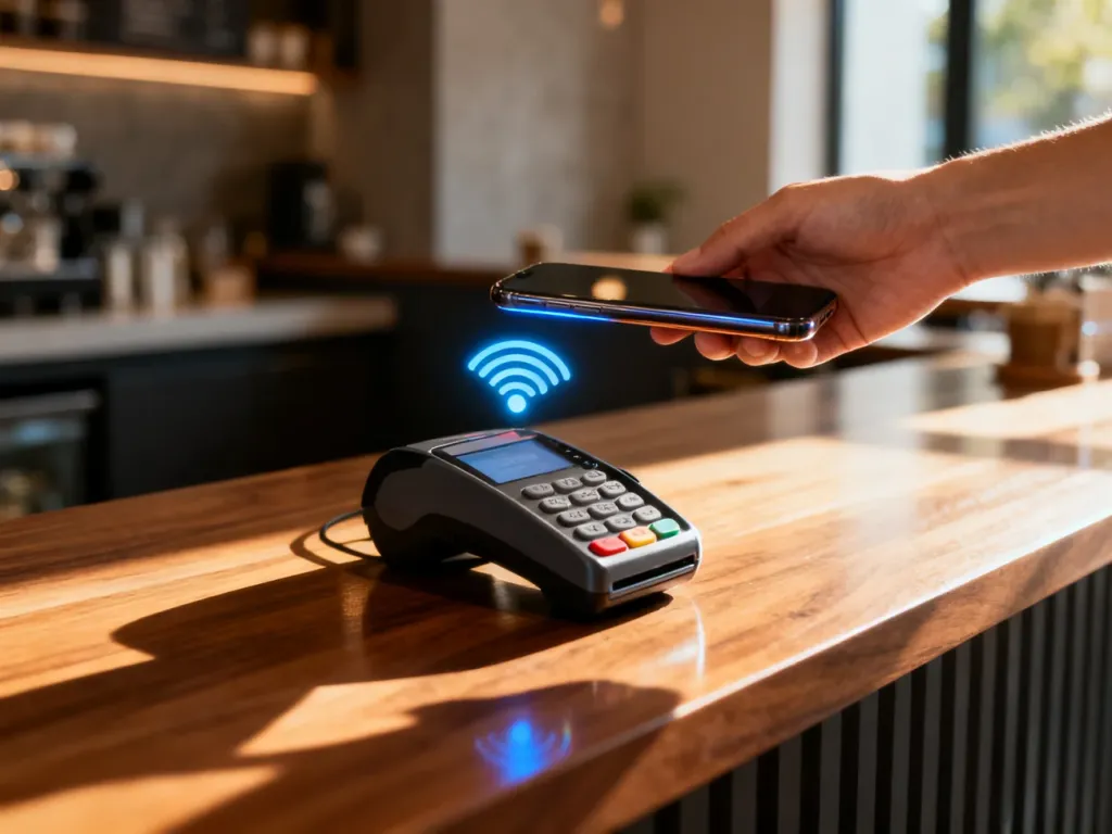 Smartfon zbliżony do terminala płatniczego w kawiarni, ilustrujący proces dokonywania płatności zbliżeniowej NFC.