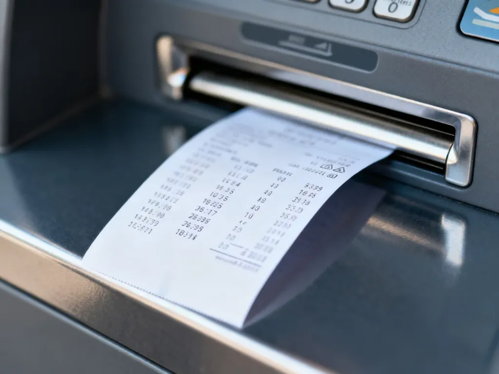 Wydruk z bankomatu leżący na metalowej powierzchni obok szczeliny na kartę płatniczą.