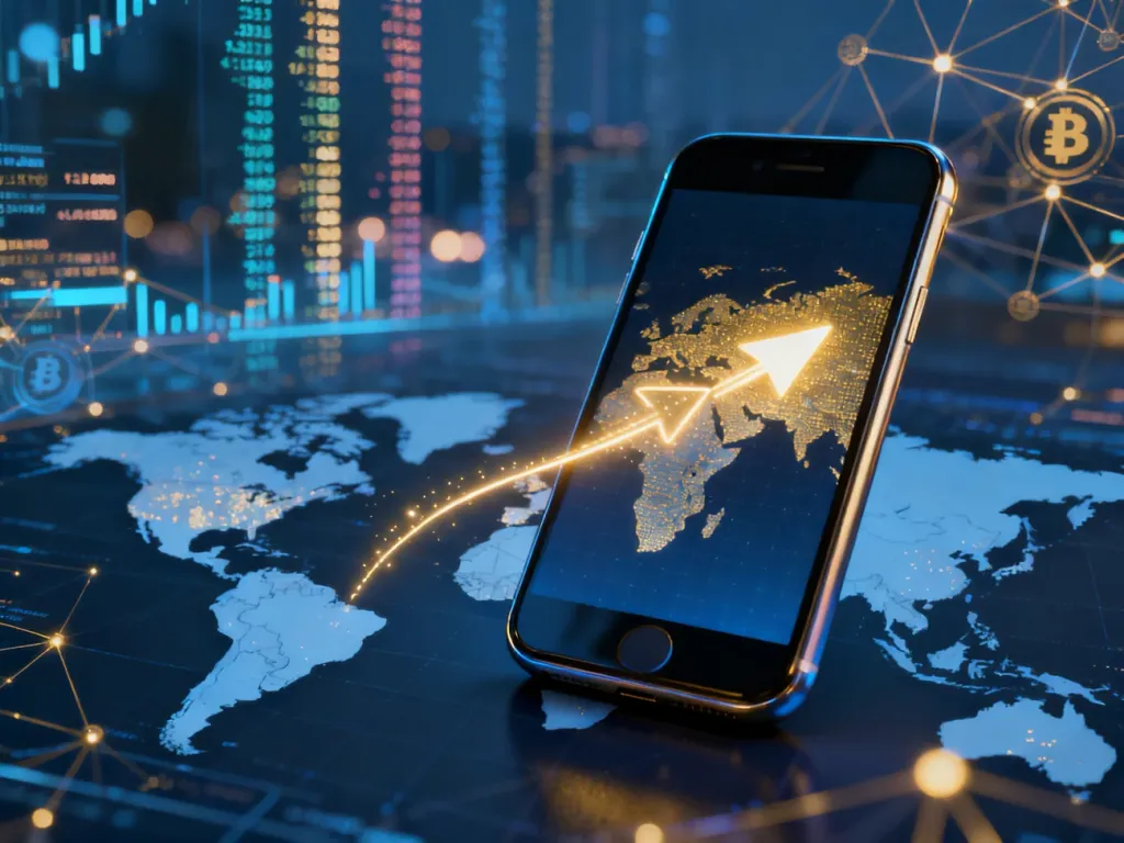 Smartfon z cyfrową strzałką łączącą kontynenty na mapie świata, symbolizujący globalne przelewy bankowe.