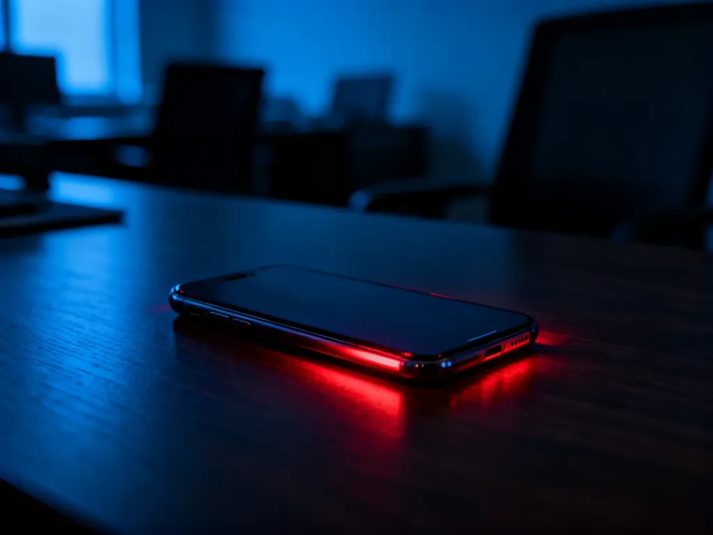 Smartfon na ciemnym biurku emitujący złowrogie czerwone światło, symbolizujące zagrożenie ze strony oszustów telefonicznych.