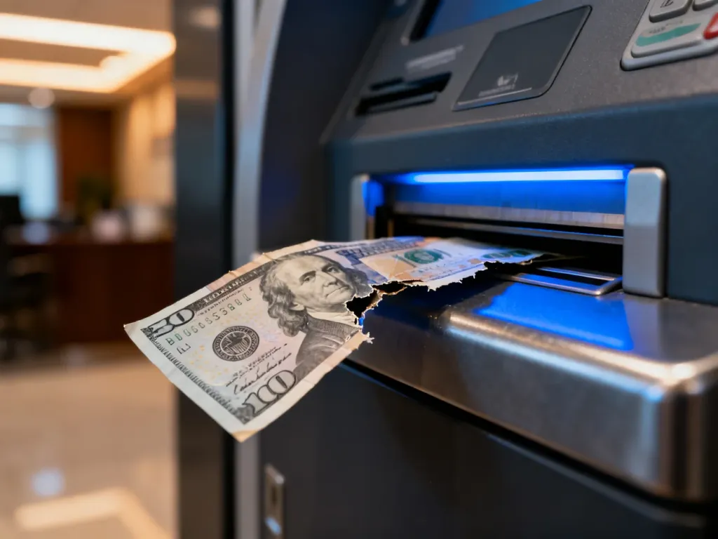 Uszkodzony banknot zablokowany w szczelinie wpłatomatu wewnątrz banku.