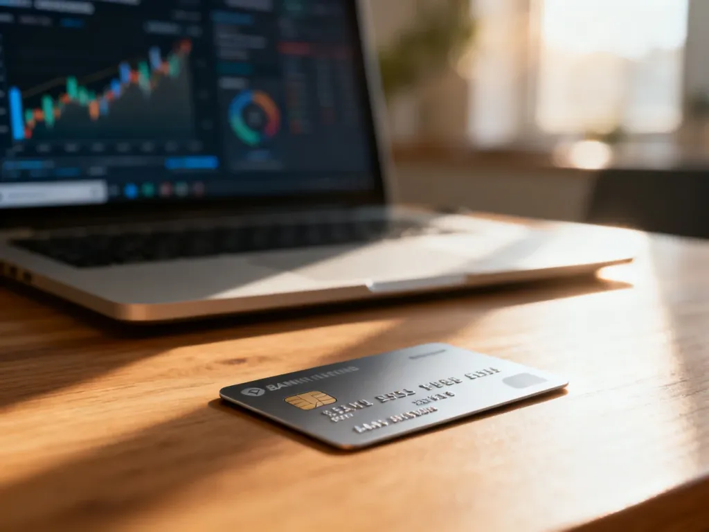 Karta płatnicza leżąca na drewnianym biurku obok laptopa z wykresami finansowymi, symbolizująca bezpieczne bankowanie online.