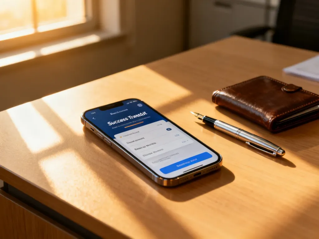 Smartfon z powiadomieniem o udanej transakcji bankowej na drewnianym biurku, obok portfela i pióra.