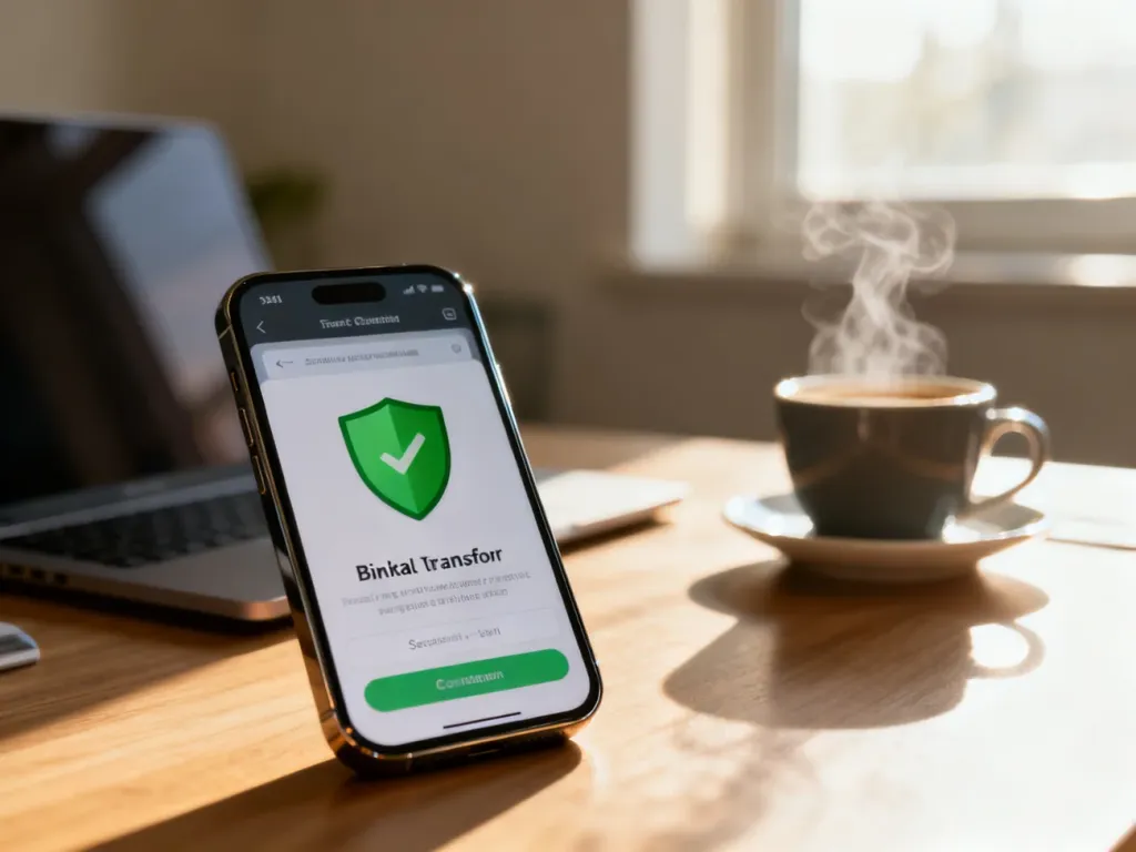 Smartfon z potwierdzeniem bezpiecznego przelewu bankowego na ekranie, symbolizujący weryfikację transakcji w domowym biurze.