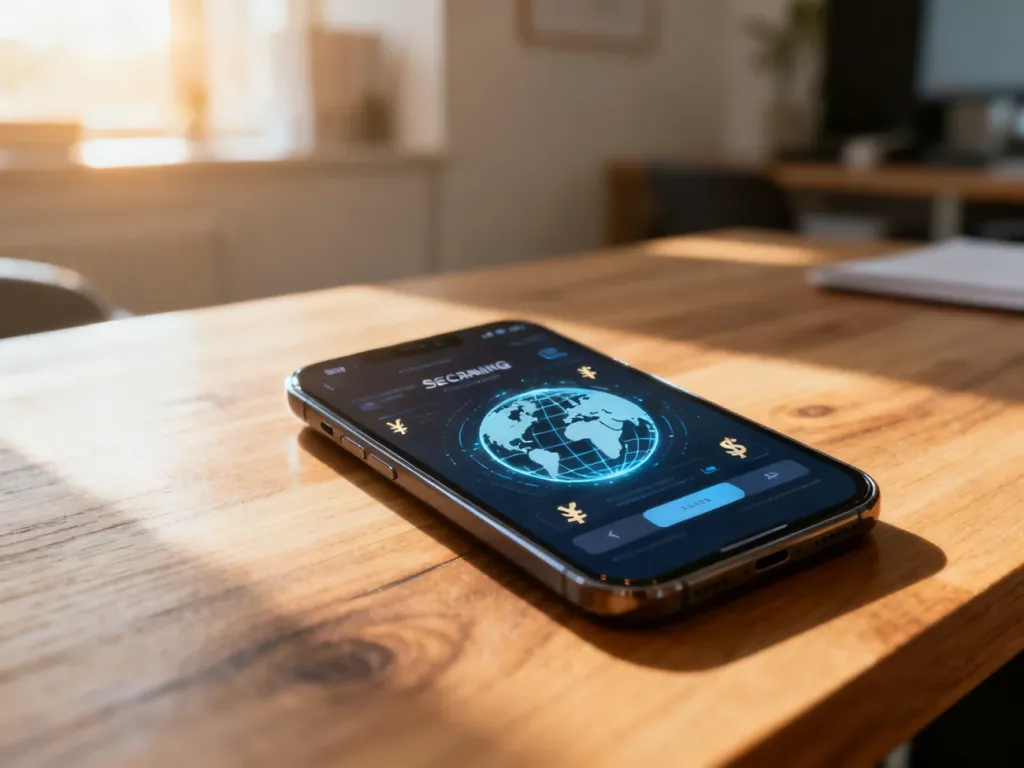 Smartfon z otwartą aplikacją bankową na drewnianym biurku, symbolizujący wygodne i bezpieczne przelewy międzynarodowe.