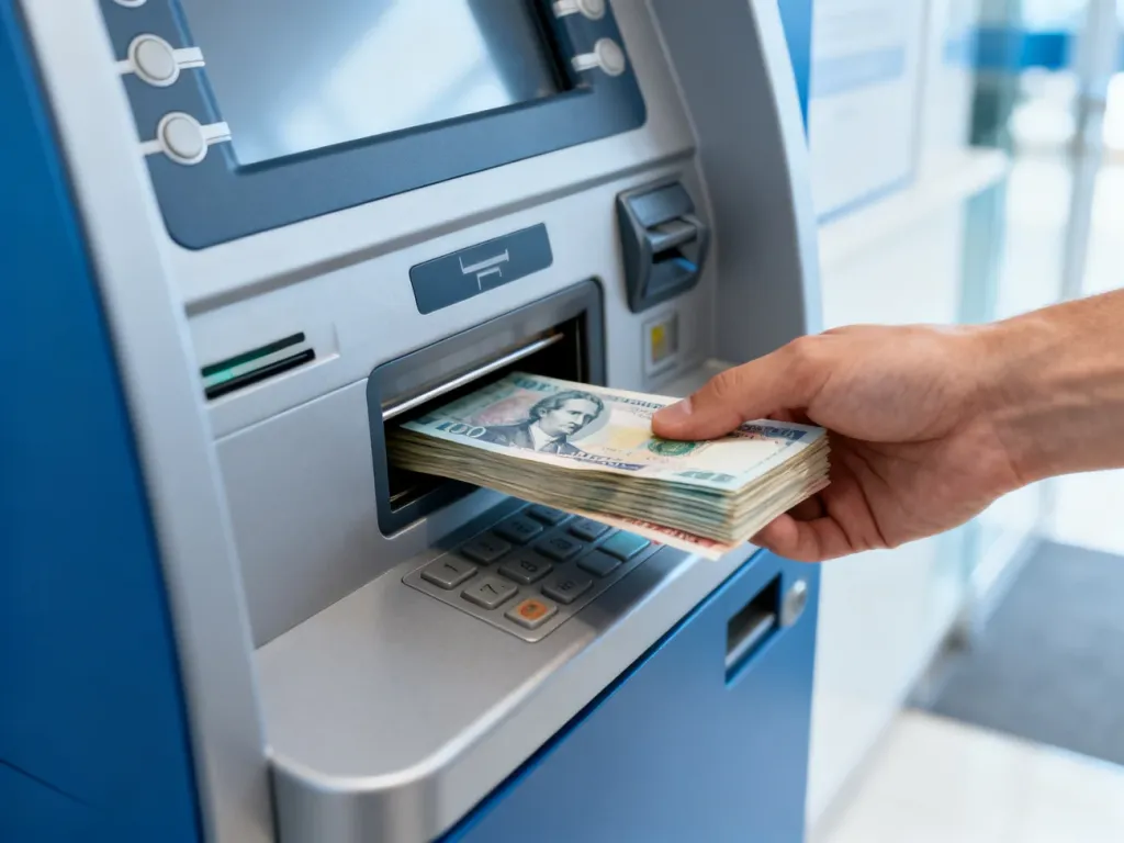 Dłoń wkładająca plik banknotów do szczeliny wpłatomatu w nowoczesnym wnętrzu banku.
