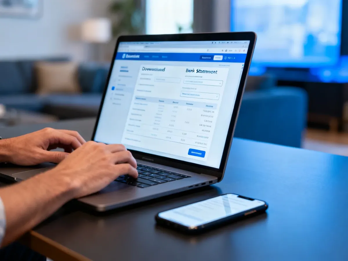 Osoba pobierająca wyciąg bankowy przez bankowość internetową na laptopie