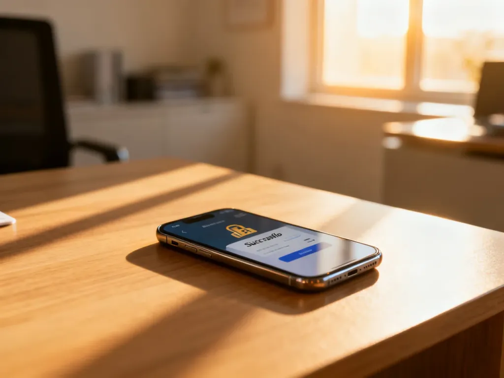 Smartfon leżący na biurku z widocznym na ekranie potwierdzeniem udanej transakcji bankowej w domowym biurze.