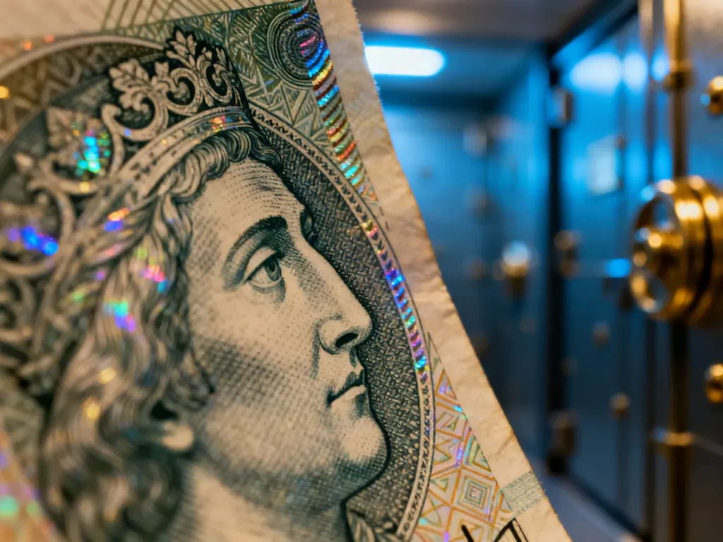 Zbliżenie na detale polskiego banknotu, w tym mikrodruki i elementy holograficzne, ukazujące zaawansowane zabezpieczenia.